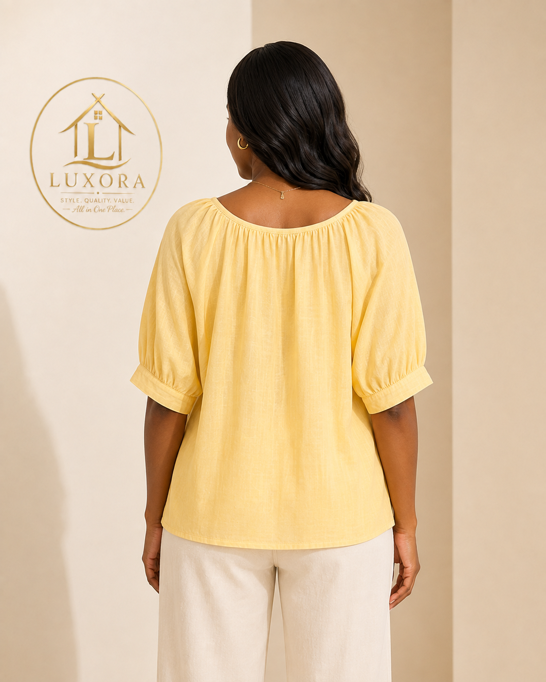 Puff-Sleeve Gathered Yellow Blouse - Image 2