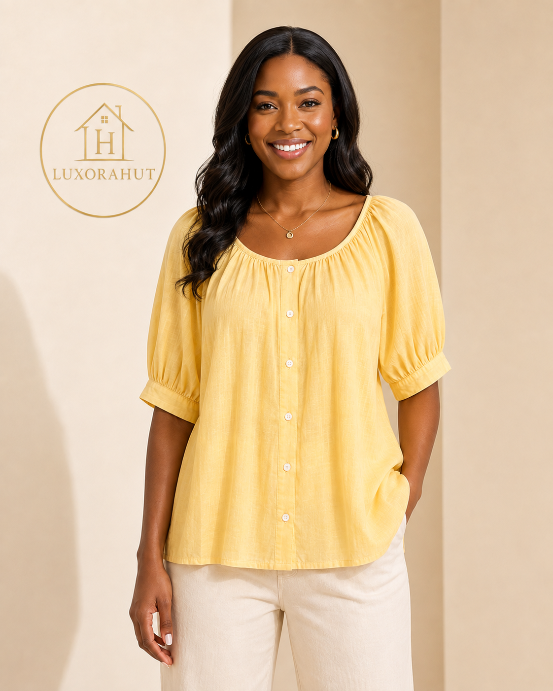 Puff-Sleeve Gathered Yellow Blouse